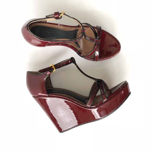 Marni Black Burgundy Patent Leather Wedge Heels - Picture 2 of 7